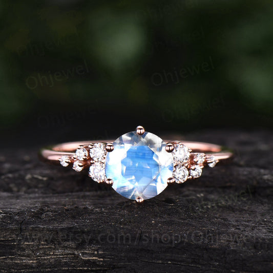 Cluster unique vintage moonstone engagement ring rose gold silver round cut promise ring for women six prong moissanite wedding ring gifts