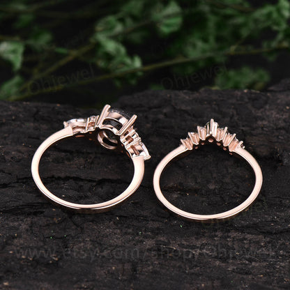 Vintage black rutilated quartz engagement ring set rose gold art deco moissanite ring for women unique wedding bridal anniversary ring set