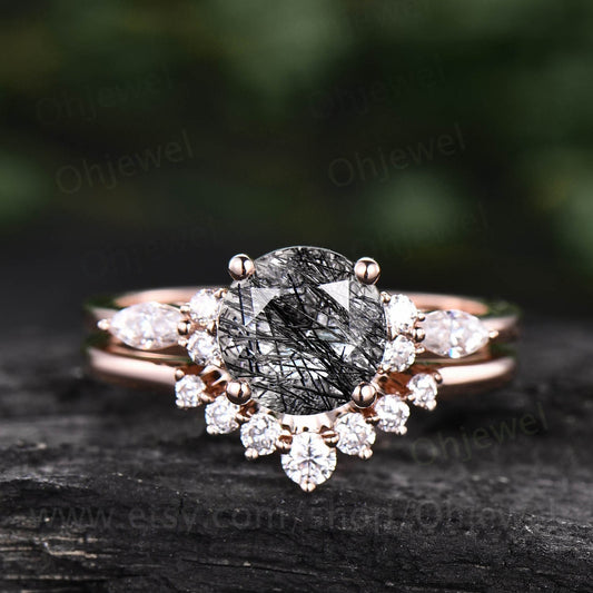 Vintage black rutilated quartz engagement ring set rose gold art deco moissanite ring for women unique wedding bridal anniversary ring set