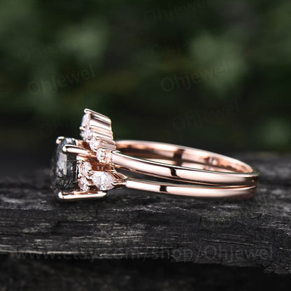 Vintage black rutilated quartz engagement ring set rose gold art deco moissanite ring for women unique wedding bridal anniversary ring set