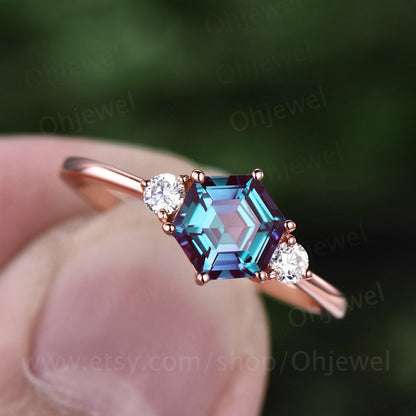 Hexagon Alexandrite ring for women vintage Alexandrite engagement ring rose gold silver three stone ring moissanite anniversary ring set