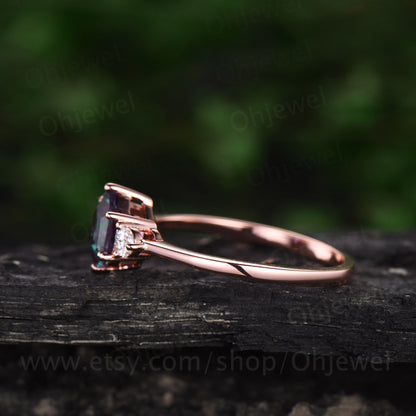 Hexagon Alexandrite ring for women vintage Alexandrite engagement ring rose gold silver three stone ring moissanite anniversary ring set