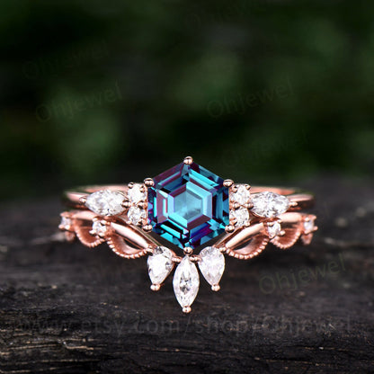 Hexagon Alexandrite engagement ring set art deco rose gold silver 7 stone ring moissanite ring set dainty custom ring bridal wedding set