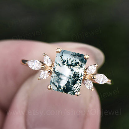 Emerald cut green moss agate ring gold siver vintage unique moss agate engagement ring rose gold art deco moissanite wedding ring for women