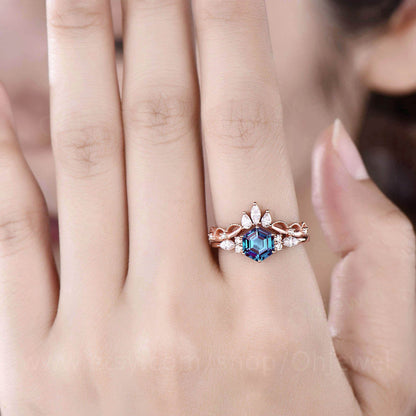 Hexagon Alexandrite engagement ring set art deco rose gold silver 7 stone ring moissanite ring set dainty custom ring bridal wedding set