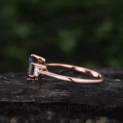 Hexagon black rutilated quartz engagement ring for women vintage three stone moissanite ring rose gold dainty ring silver anniversary ring