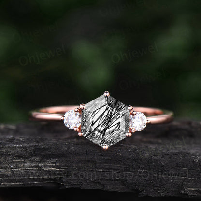 Hexagon black rutilated quartz engagement ring for women vintage three stone moissanite ring rose gold dainty ring silver anniversary ring