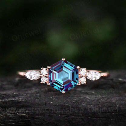 Hexagon Alexandrite engagement ring art deco rose gold silver ring 7 stone vintage moissanite ring for women promise anniversary ring gift