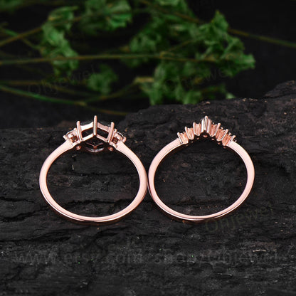Hexagon black rutilated quartz engagement ring set three stone rose gold silver ring black diamond ring women moissanite wedding set gift