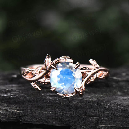 Vintage moonstone ring gold silver for women solitaire moonstone engagement ring leaf flower ring antique dainty custom ring promise ring