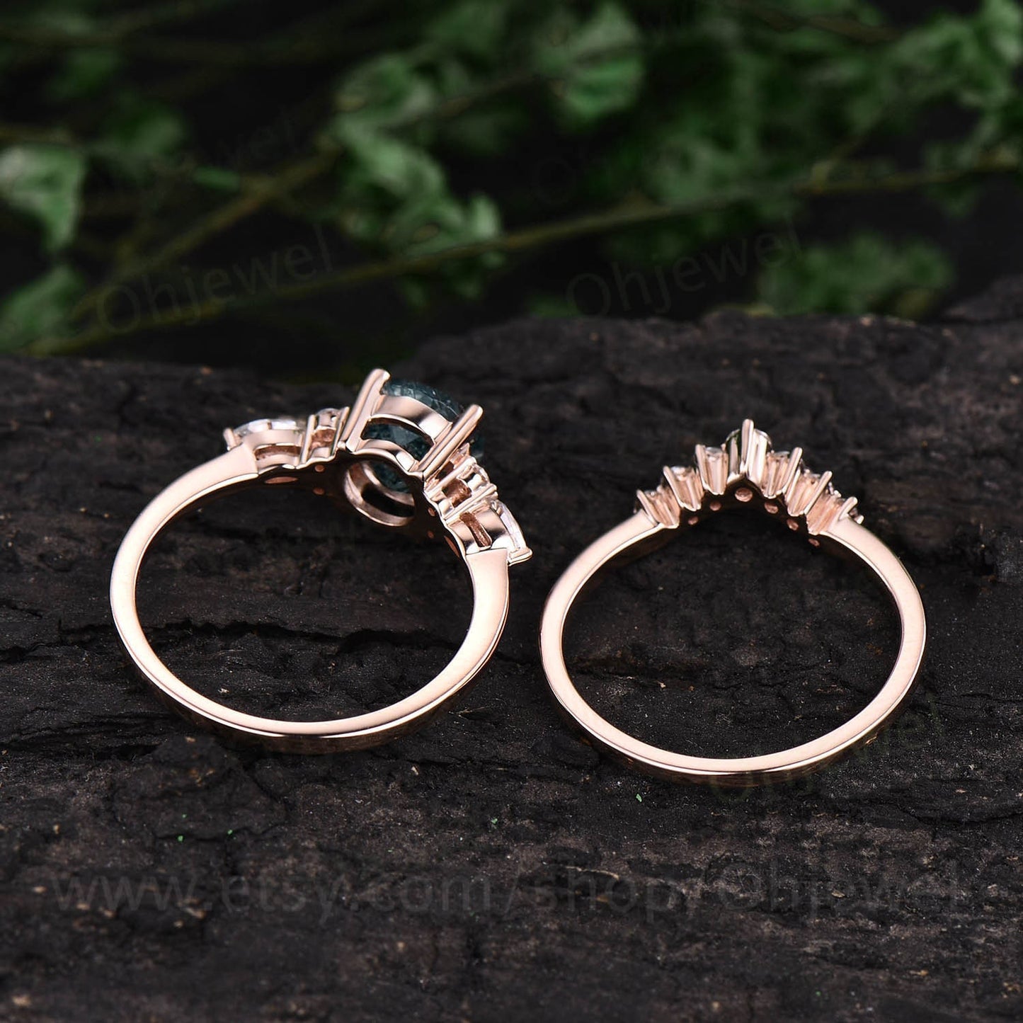 Vintage moss agate engagement ring set for women round cut moss agate wedding ring set art deco moissanite ring set anniversary ring set