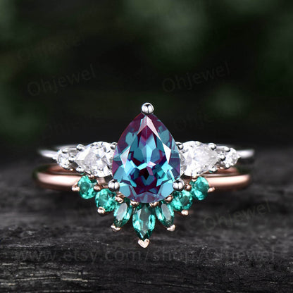 Vintage Alexandrite ring set rose gold silver women pear Alexandrite engagement ring set five stone moissantie ring art deco emerald ring
