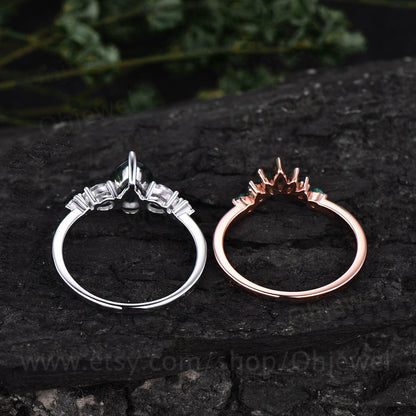 Vintage Alexandrite ring set rose gold silver women pear Alexandrite engagement ring set five stone moissantie ring art deco emerald ring