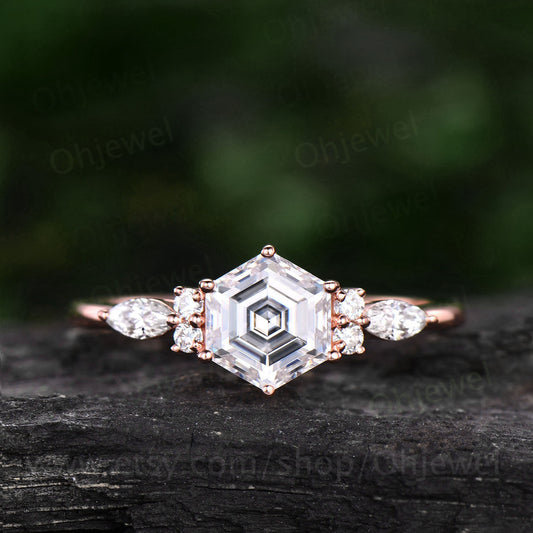 Hexagon moissanite ring for women vintage moissanite engagement ring art deco rose gold dainty ring silver six prong bridal promise ring