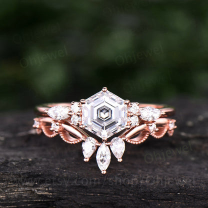 Hexagon moissanite engagement ring set art deco 7 stone rose gold marquise ring setting crown Milgrain wedding band anniversary ring set