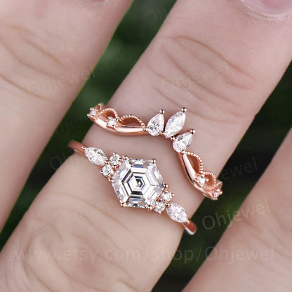 Hexagon moissanite engagement ring set art deco 7 stone rose gold marquise ring setting crown Milgrain wedding band anniversary ring set