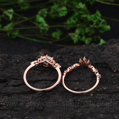 Hexagon moissanite engagement ring set art deco 7 stone rose gold marquise ring setting crown Milgrain wedding band anniversary ring set