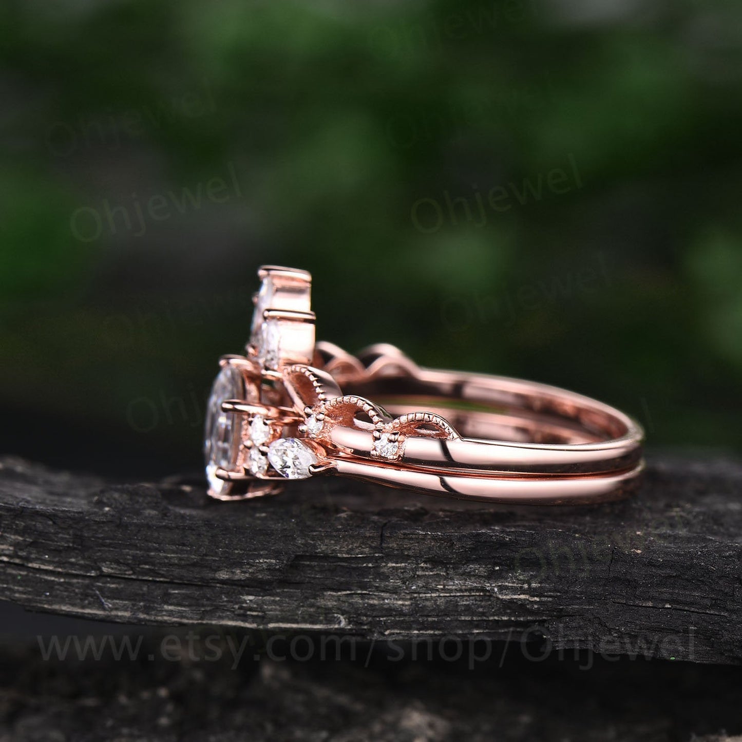 Hexagon moissanite engagement ring set art deco 7 stone rose gold marquise ring setting crown Milgrain wedding band anniversary ring set