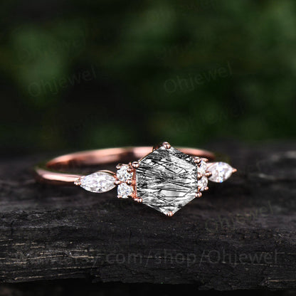 Hexagon black rutilated quartz engagement ring for women vintage art deco moissanite ring rose gold six prong anniversary promise ring gift