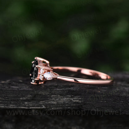 Hexagon black rutilated quartz engagement ring for women vintage art deco moissanite ring rose gold six prong anniversary promise ring gift