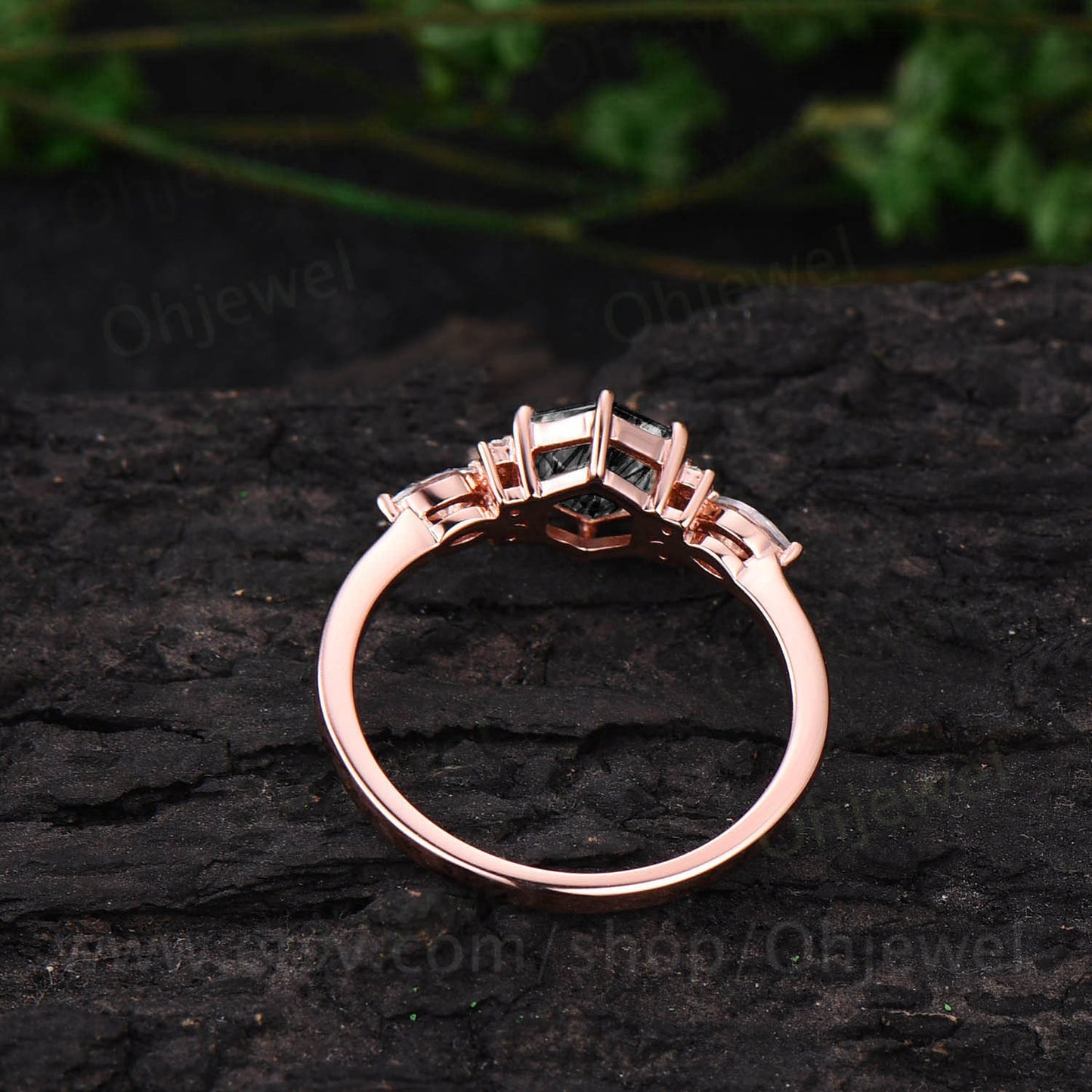 Hexagon cut black rutilated quartz engagement ring vintage art deco moissanite ring rose gold 6 prong anniversary promise ring women gifts