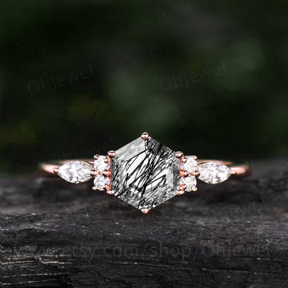 Hexagon black rutilated quartz engagement ring for women vintage art deco moissanite ring rose gold six prong anniversary promise ring gift
