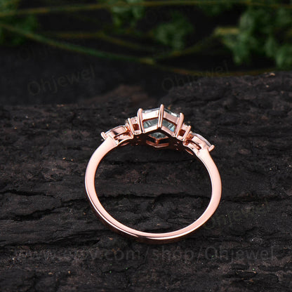 Hexagon moss agate ring dainty vintage green moss agate engagement ring art deco 7 stone moissanite ring rose gold for women promise ring
