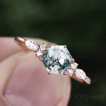7mm Hexagon cut green moss agate engagement ring white gold 6 prong marquise unique engagement ring for women vintage diamond wedding ring