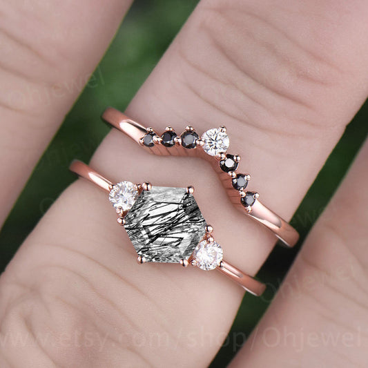 Hexagon black rutilated quartz engagement ring set three stone rose gold silver ring black diamond ring women moissanite wedding set gift