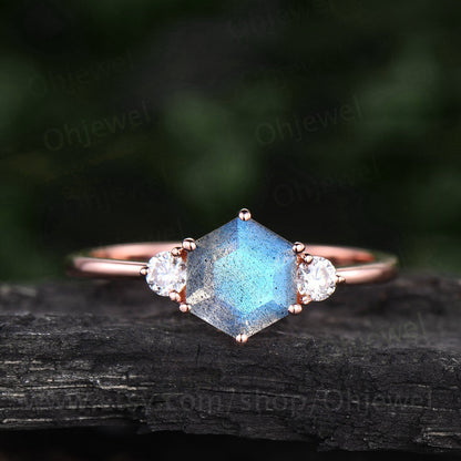 Hexagon Labradorite ring gold silver vintage Labradorite engagement ring three stone rose gold moissanite wedding bridal anniversary ring