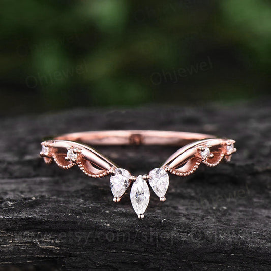 Art deco moissanite wedding band Milgrain crown wedding ring band vintage rose gold silver ring stacking ring women anniversary bridal ring