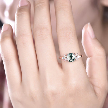 Round cut moss agate engagement ring vintage 7 stone rose gold ring marquise moissanite ring women unique wedding ring green moss ring gift