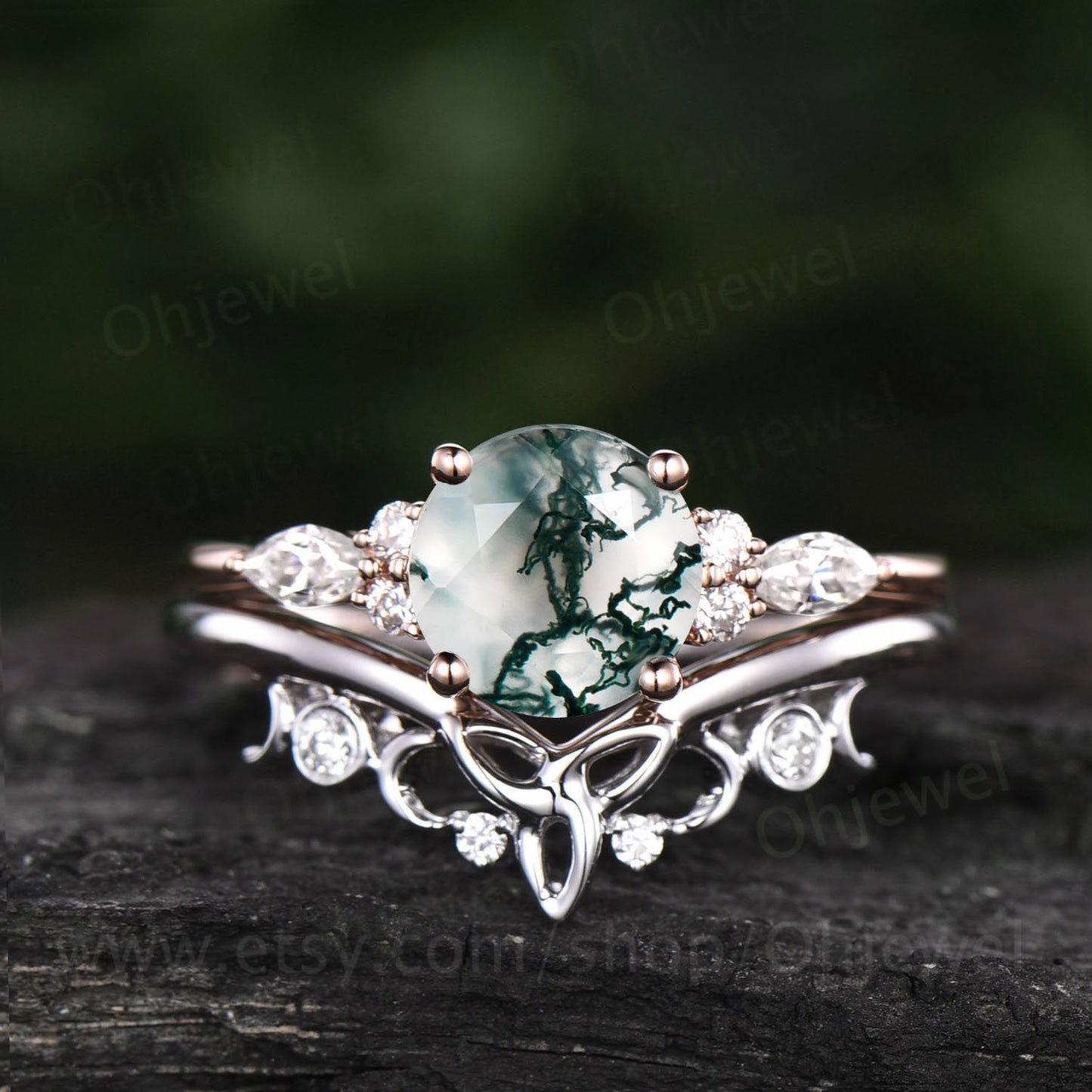 Unique wedding ring set round moss agate engagement ring set art deco vintage 7 stone rose gold silver ring cluster moissanite bridal set