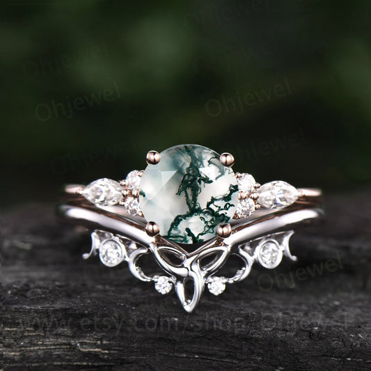 Round moss agate engagement ring set art deco vintage unique rose gold engagement ring moissanite ring for women norse viking ring Jewelry
