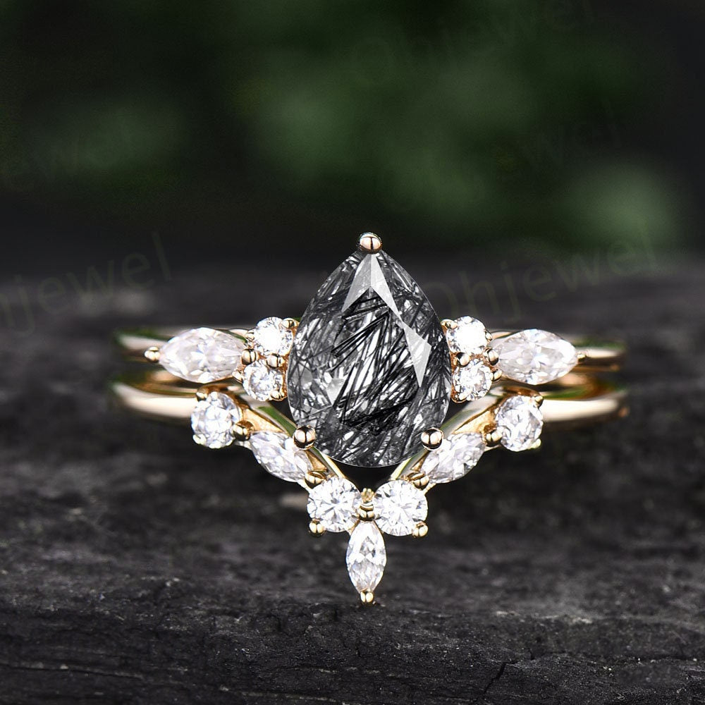 Pear shaped black rutilated quartz engagement ring set art deco rose gold silver vintage dainty moissanite bridal wedding ring set women