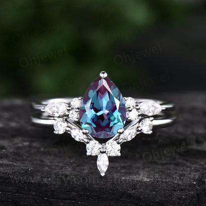 Unique pear shaped Alexandrite engagement ring set art deco vintage 14k rose gold marquise moissanite ring for women silver wedding ring set