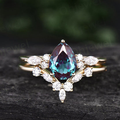 Unique pear shaped Alexandrite engagement ring set art deco vintage 14k rose gold marquise moissanite ring for women silver wedding ring set