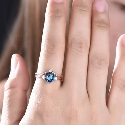 Hexagon alexandrite ring gold silver vintage alexandrite engagement ring set rose gold three stone moissanite bridal wedding ring set women