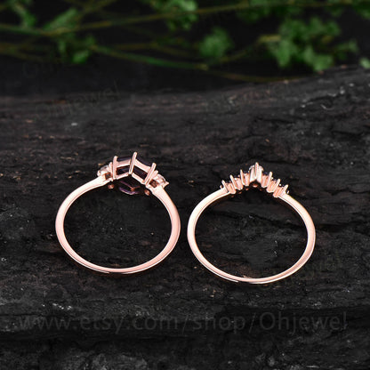 Hexagon alexandrite ring gold silver vintage alexandrite engagement ring set rose gold three stone moissanite bridal wedding ring set women