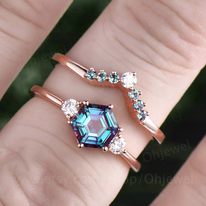 Hexagon alexandrite ring gold silver vintage alexandrite engagement ring set rose gold three stone moissanite bridal wedding ring set women