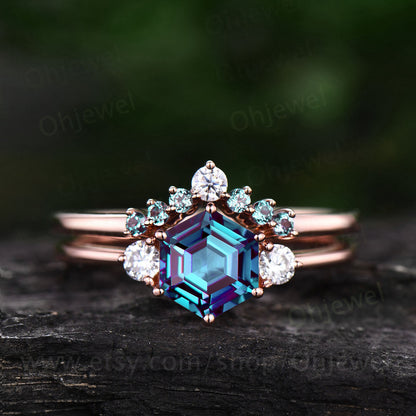 Hexagon alexandrite ring gold silver vintage alexandrite engagement ring set rose gold three stone moissanite bridal wedding ring set women