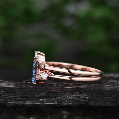 Hexagon Alexandrite ring for women vintage Alexandrite engagement ring set rose gold silver dainty ring art deco moissanite wedding ring set
