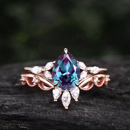 Vintage pear Alexandrite engagement ring set flower marquise moissanite ring rose gold sterling silver ring women unique wedding ring set