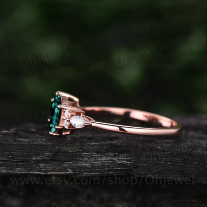 Hexagon emerald ring dainty vintage emerald engagement ring 7 stone marquise moissanite ring rose gold silver for women bridal promise ring
