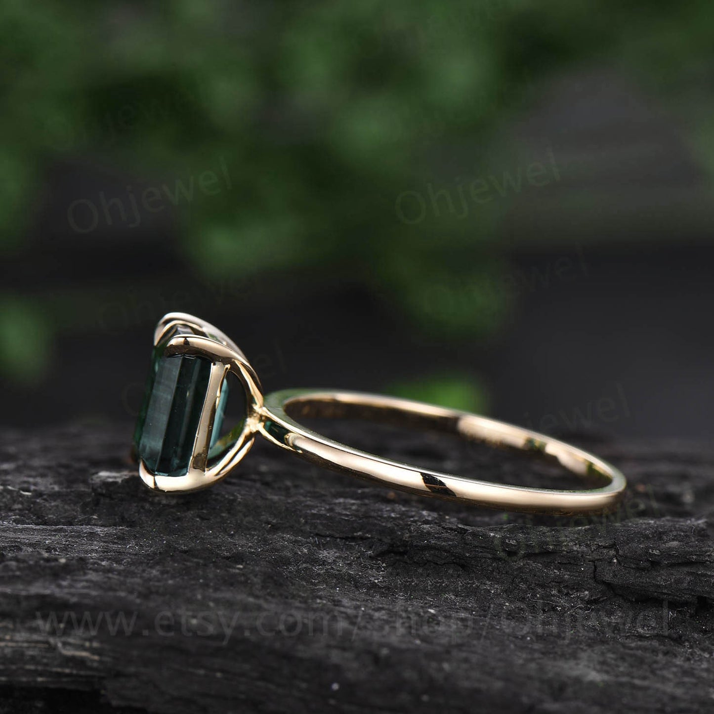 Green moss agate ring vintage dainty solitaire emerald cut moss agate engagement ring gold sterling silver for women Minimalist bridal ring