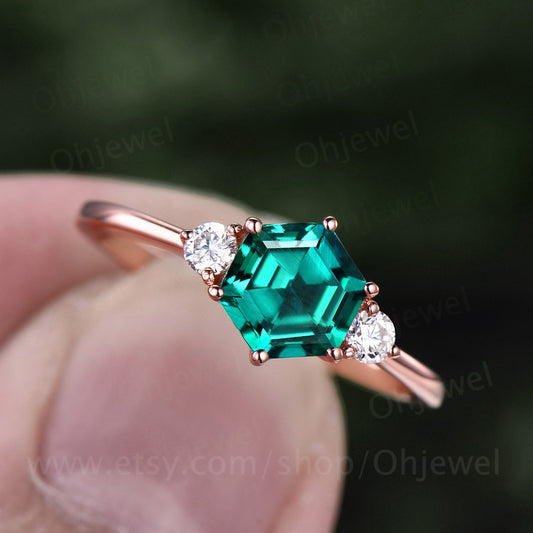 Hexagon emerald ring gold for women sterling silver Vintage emerald engagement ring minimalist three stone moissanite ring six prong ring