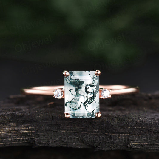 Three stone moss agate ring vintage emerald cut moss agate engagement ring for women rose gold silver Minimalist moissanite wedding ring