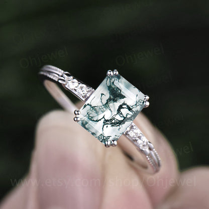 Green Moss Agate Ring 6x8 Emerald Cut Moss Agate Ring Unique Moss Agate Engagement Ring 5 Stone Diamond Ring Gold Sterling Silver Antique