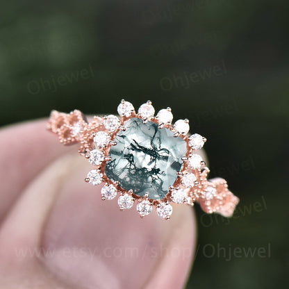 Green moss agate ring for women vintage cushion cut moss agate engagement ring halo cluster milgrain  moissanite ring rose gold promise ring