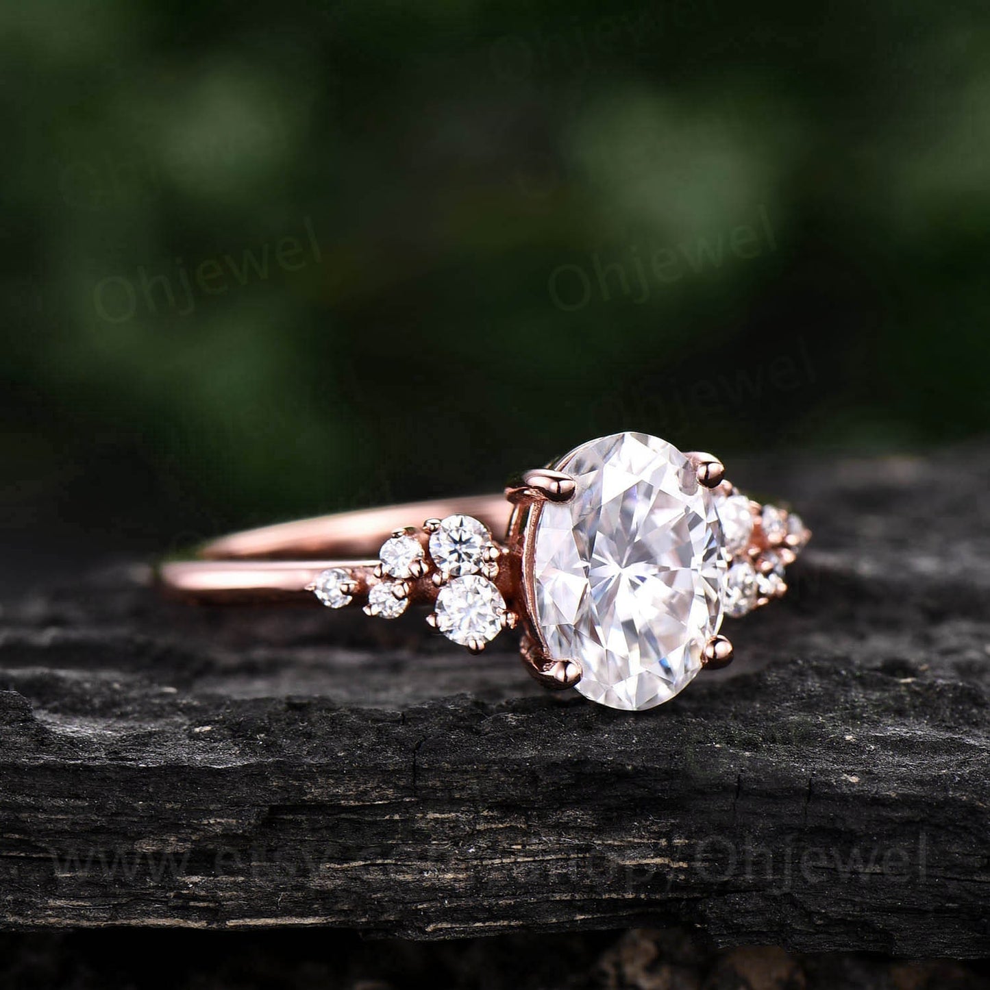 Vintage oval cut moissanite engagement ring 14k rose gold dainty cluster snowdrift unique engagement ring anniversary wedding ring for women
